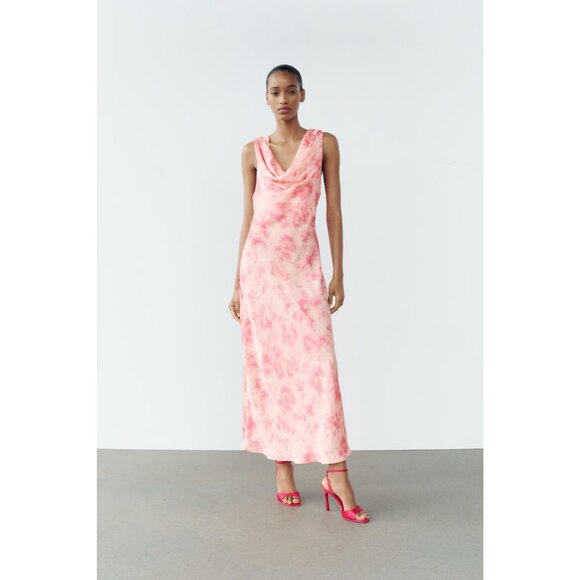 Zara Dresses & Skirts - Zara Womens Midi Dress S Pink Tie Dye Satin Sleeveless Draped Neck NWOT